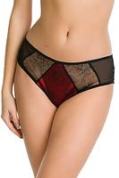 Figi pełne o klasycznym kroju.
Przód z czerwonej mikrofibry, na którą naszyty został delikatny plen.
Tył z elastycznej czarnej siateczki, dół podwójnie złożony.
Skład surowcowy: 80% Poliamid, 20% Elastan.
 