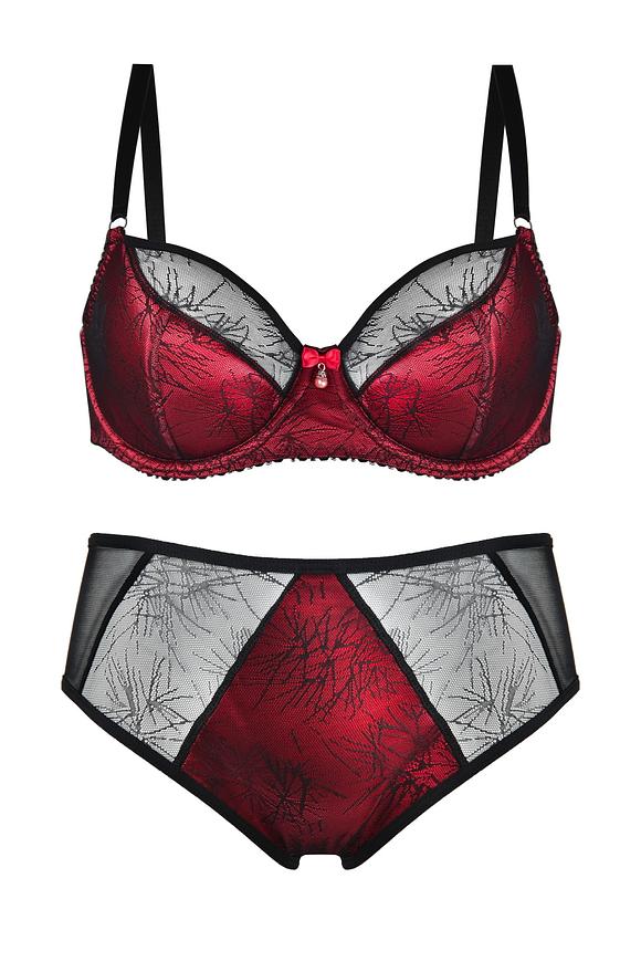 Figi pełne o klasycznym kroju.
Przód z czerwonej mikrofibry, na którą naszyty został delikatny plen.
Tył z elastycznej czarnej siateczki, dół podwójnie złożony.
Skład surowcowy: 80% Poliamid, 20% Elastan.
 