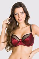 Biustonosz półusztywniony.
Miseczki wykonanane z wzorzystej siateczki, dół wzmocniony pianką w czerwonym kolorze.
Biustonosz świetnie podtrzymuje biust, zbiera piersi do środka pięknie eksponując dekolt.
Skład surowcowy: 80% Poliamid, 20% Elastan.
 