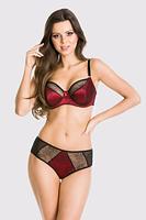 Biustonosz półusztywniony.
Miseczki wykonanane z wzorzystej siateczki, dół wzmocniony pianką w czerwonym kolorze.
Biustonosz świetnie podtrzymuje biust, zbiera piersi do środka pięknie eksponując dekolt.
Skład surowcowy: 80% Poliamid, 20% Elastan.
 