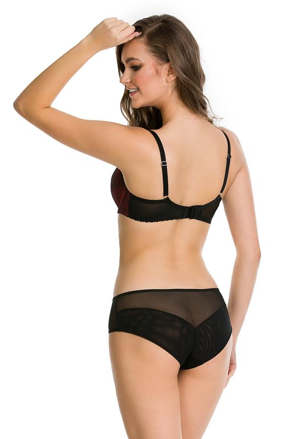 Biustonosz półusztywniony.
Miseczki wykonanane z wzorzystej siateczki, dół wzmocniony pianką w czerwonym kolorze.
Biustonosz świetnie podtrzymuje biust, zbiera piersi do środka pięknie eksponując dekolt.
Skład surowcowy: 80% Poliamid, 20% Elastan.
 