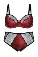 Biustonosz półusztywniony.
Miseczki wykonanane z wzorzystej siateczki, dół wzmocniony pianką w czerwonym kolorze.
Biustonosz świetnie podtrzymuje biust, zbiera piersi do środka pięknie eksponując dekolt.
Skład surowcowy: 80% Poliamid, 20% Elastan.
 