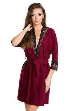 Szlafrok damski Mediolano Burgund 05093 – Elegancja w mikrofibrze z gipiurą