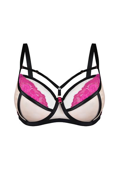 Biustonosz miękki z fiszbinami.
Miseczki wykonane z beżowej siatki, różowa koronka umieszczona w górnej części miseczek dodaje uroku a czarne taśmy podkreślają nietuzinkowy charakter modelu. Obwóz z siatki, bez bocznej fiszbiny. Dekolt zdobią odpinane paseczki z regulacją. 
Biustonosz dedykowany dla średnich i dużych biustów.
Konstrukcja MS1 DEZIRO
Skład: 85% Poliamid, 10% Elastan, 5% Poliester
 