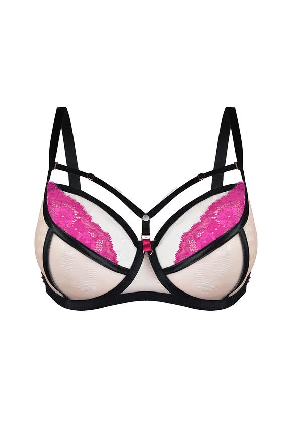 Biustonosz miękki z fiszbinami.
Miseczki wykonane z beżowej siatki, różowa koronka umieszczona w górnej części miseczek dodaje uroku a czarne taśmy podkreślają nietuzinkowy charakter modelu. Obwóz z siatki, bez bocznej fiszbiny. Dekolt zdobią odpinane paseczki z regulacją. 
Biustonosz dedykowany dla średnich i dużych biustów.
Konstrukcja MS1 DEZIRO
Skład: 85% Poliamid, 10% Elastan, 5% Poliester
 