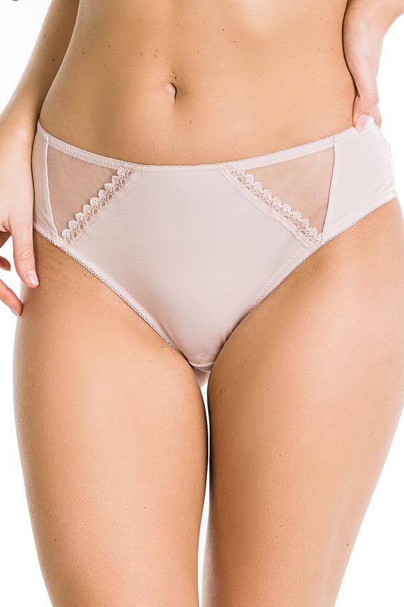 Figi klasyczne wykonane z beżowej delikatnej mikrofibry.
Przód z wstawkami z tiulu na bokach, tył wykończony koronką, bawełniany klin.
Skład surowcowy: 91% Poliamid, 5% Bawełna, 4% Elastan.

 