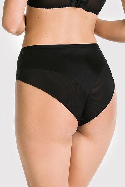 Wysokie figi brazyliany, boczki ze wstawką z koronki, tył z mikrofibry, dół wykończony podwójnym tiulem, wysoko wyciety na pośladkach.
Skład surowcowy: 91% Poliamid, 5% Bawełna, 4% Elastan