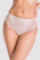 Figi klasyczne wykonane z beżowej delikatnej mikrofibry.
Przód z koronką, tył wykończony płaską gumką, w kroku zastosowano wewnętrzne szwy co podnosi komfort użytkowania -gumki nie uciskają i nie podtrażniają ciała.
Bawełniany klin.
Skład surowcowy: 91% Poliamid, 5% Bawełna, 4% Elastan.
 