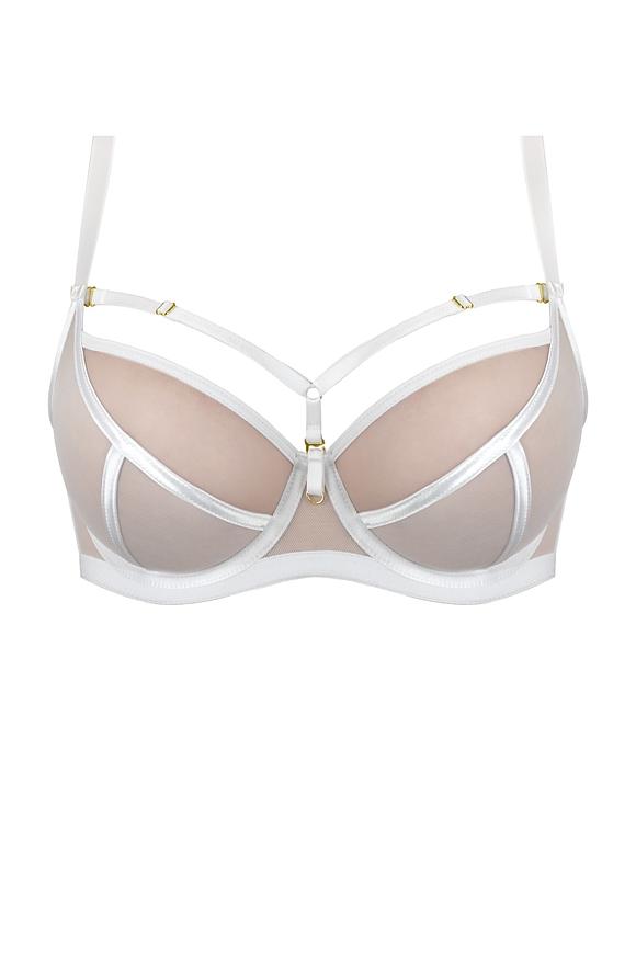 Biustonosz miękki, w konstrukcji D e z i r o, z miseczkami wykonanymi z dwóch warstw tiulu. Konstrukcja jednocześnie stabilna i lekka, krój miseczek z białymi przeszyciami i beżowym tiulem dodaje zmysłowego charakteru a całość zwieńczają paseczki na dekolcie. Haftki i regulatory w złotym kolorze nadają całości elegancji.
Biustonosz idealnie sprawdzi się na niemal każdym biuście!
Skład: 85% Poliamid, 10% Elastan, 5% Poliester.