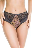 Figi klasyczne w grafitowym kolorze, przód zdobi kolorowy plen w kwiaty, w górnej części koronka.
Tył wykończony miękką koronką, góra z mikrofibry, środek z plenu. Bawełniany klin.
Skład surowcowy: 78%Poliamid, 12% Elastan, 5Poliestre, 5%Bawełna.
 