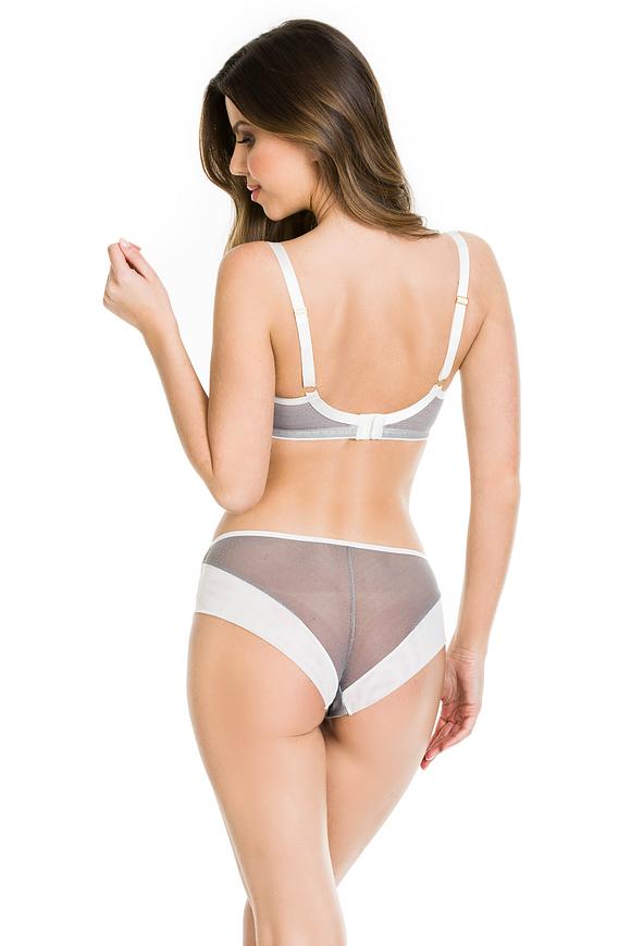 Klasyczne figi wykonane z połączenia białej i szarej siatki.
Przód zdobi haft w pomarańczowe kwiaty, boczki z białego miękkiego tiulu. 
Tył w górnej części z szarej siatki, dół wykończony białym tiulem.
Skład surowcowy: 78% Poliamid, 12% Elastan, 5% Poliester, 5% Bawełna.