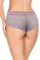 Klasyczne figi wykonane z szrej koronki z amarantowymi kwiatuszkami. Fason zabudowany na bokach, dół wykończony  na płasko.
Sład surowcowy: 91% Poliamid, 5% Bawełna, 4% Elastan