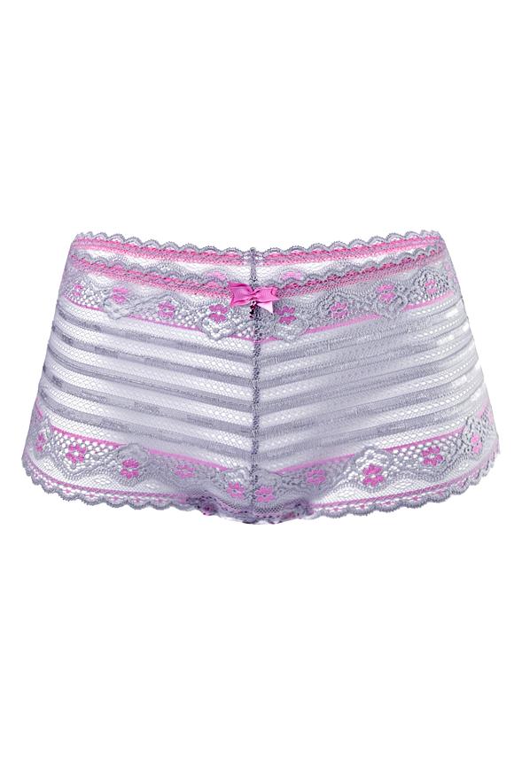 Klasyczne figi wykonane z szrej koronki z amarantowymi kwiatuszkami. Fason zabudowany na bokach, dół wykończony  na płasko.
Sład surowcowy: 91% Poliamid, 5% Bawełna, 4% Elastan