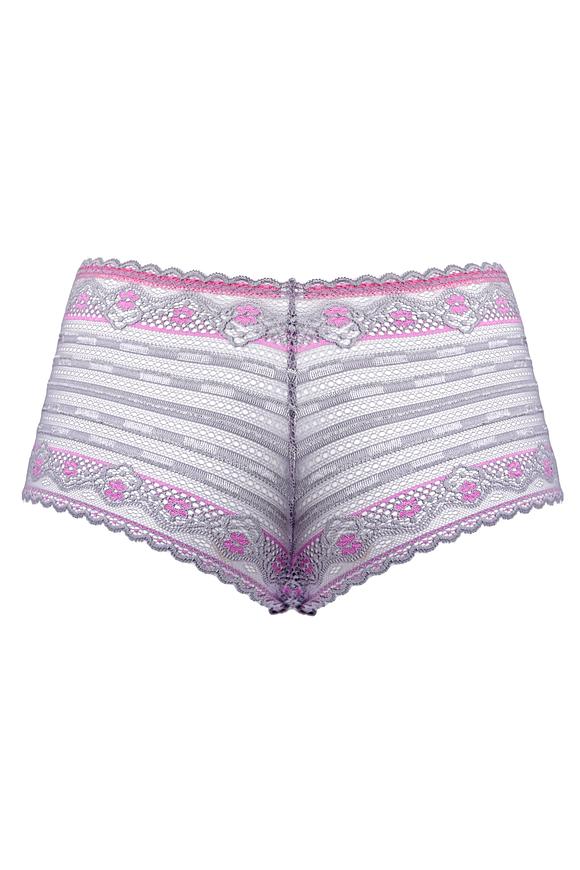 Klasyczne figi wykonane z szrej koronki z amarantowymi kwiatuszkami. Fason zabudowany na bokach, dół wykończony  na płasko.
Sład surowcowy: 91% Poliamid, 5% Bawełna, 4% Elastan