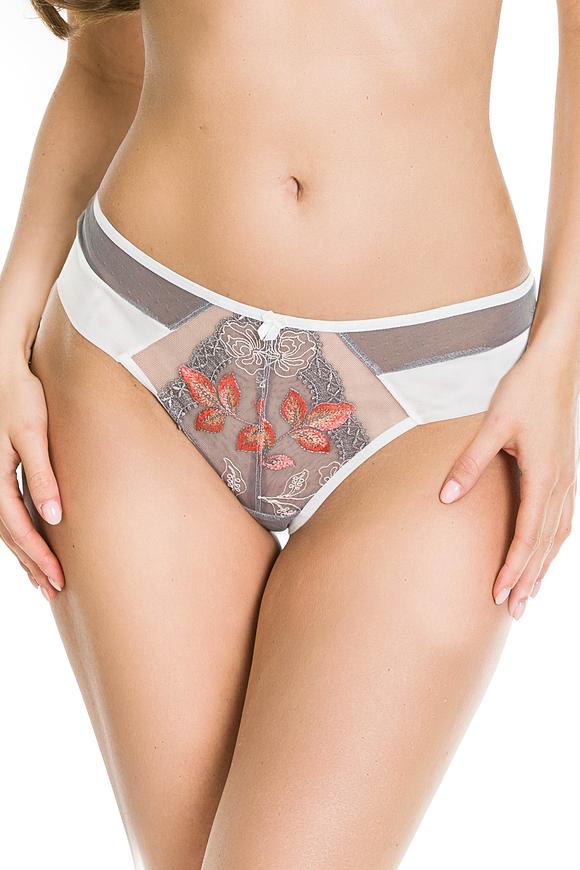 Figi brazyliany wykonane z połączenia białej i szarej siatki.
Przód zdobi haft w pomarańczowe kwiaty, boczki z białego miękkiego tiulu. 
Tył z szarej siatki.
Skład surowcowy: 78% Poliamid, 12% Elastan, 5% Poliester, 5% Bawełna.