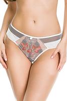 Figi brazyliany wykonane z połączenia białej i szarej siatki.
Przód zdobi haft w pomarańczowe kwiaty, boczki z białego miękkiego tiulu. 
Tył z szarej siatki.
Skład surowcowy: 78% Poliamid, 12% Elastan, 5% Poliester, 5% Bawełna.