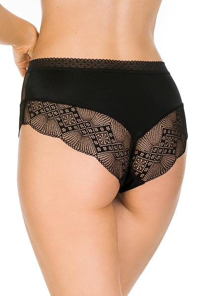 Figi o klasycznym kroju, przód z siateczki a'la kabaretka, dół z koronki. Tył fig z mikrofibry, dół z koronki.
Skład surowcowy: 91% Poliamid, 5% Bawełna, 4% Elastan.
 