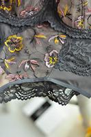 Biustonosz miękki  z fiszbinami.
Miseczki z beżowej siatki, na którą naszyty jest wzorzysty plen-motyw kwiatowy na grafitowym podkładzie.
Boczki z mikrofibry-wzmocnione fiszbiną, grafitowe ramiączka, bawet z koronki, środek zdobi zółta kokardka.
Pewna i sprawdzona konstrukcja z modelu Deziro dedykowana dla średnichi dużych biustów.
Skład surowcowy: 85%Poliamid, 10% Elastan, 5%Poliester.
 