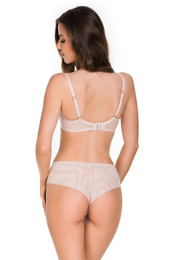 Biustonosz cały usztywniony. Miseczki pokryte gładkim plenem. 
Biustonosz sprawdzi sie na średnim i dużym biuście, okala i unosi piersi a usztywnienie zarówno górnej jak i dolnej miseczki zapewni doskonały kształt piersi w każdej kondycji.
Ramiączka regulowane, nieodpinane. 
Skład surowcowy: 88%Poliamid, 8%Bawełna, 4%Elastan