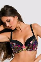 Biustonosz kąpielowy z usztywnionymi miseczkami.
Górna część miseczki w kolorze czarnym, dół z wzorzystej mikrofibry.
Ramiączka z regulacją, zapięcie na plecach na wygodny zaczep.
Do kompletu polecamy komfortowe figi z regulowanymi sznureczkami na biodrach.
Skład surowcowy: 80% Poliamid, 20% Elastan
 