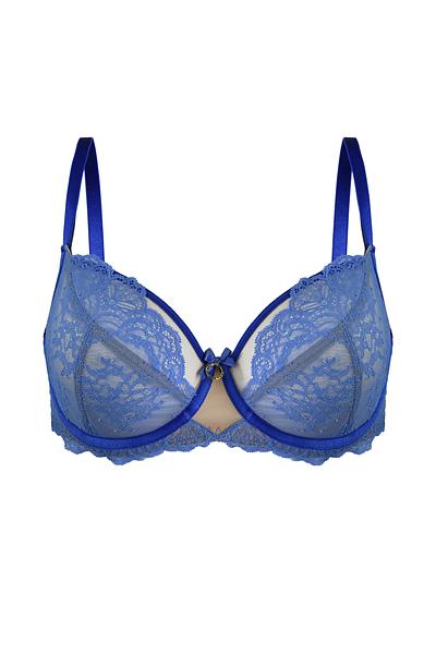 Biustonosz miękki z fiszbinami.
Miseczki wykonane z beżowej siatki pokrytej błękitną koronką, która delikatnie wychodzi ponad miseczki. Taśmy w ciemniejszym odcieniu kontrastują z całością a ozdoba na środku dodaje uroku. Obwód z siatki obszytej koronką, bez bocznej fiszbiny. 
Biustonosz dedykowany dla średnich i dużych biustów.
Konstrukcja MS1 DEZIRO
Skład: 85% Poliamid, 10% Elastan, 5% Poliester
 
 