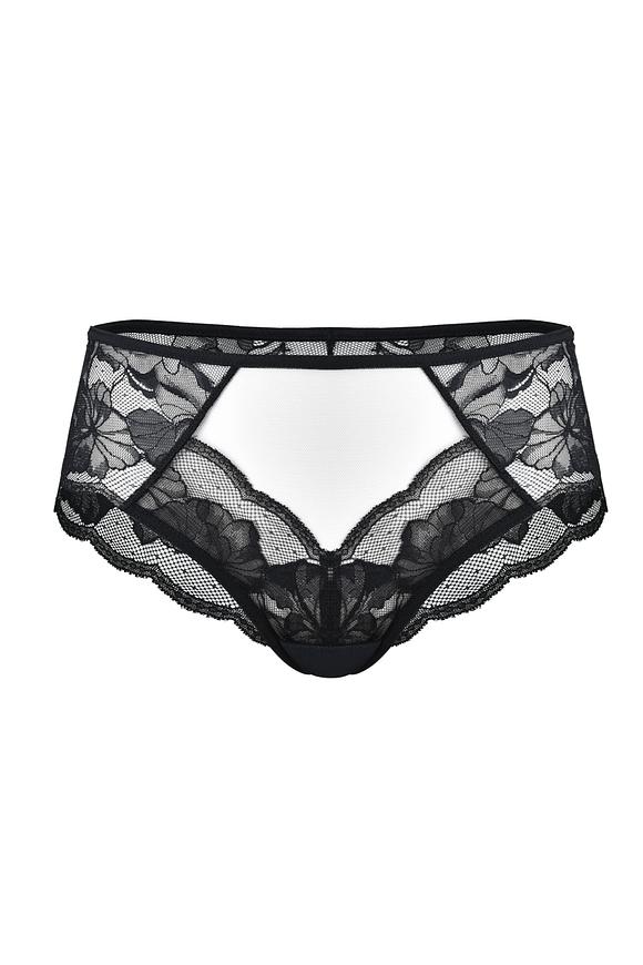 Figi wykonane z delikatnych materiałów, idealnych dla kobiecej elegancji i komfortu. Tył całego modelu jest ozdobiony koronką, dodając mu delikatny i kuszący wygląd. Koronkowe zdobienia nadają mu subtelnego uroku i elegancji, sprawiając, że nosząca je kobieta czuje się wyjątkowo i pewnie.
Przód  wykonany jest z tiulu, co dodaje im lekkości i delikatności. Boki i tył z koronki. Płaskie wykończenie sprawia, że są one dyskretne pod ubraniem, jednocześnie zapewniając wygodę noszenia.
Skład surowcowy: 78% Poliamid, 12% Elastan, 5% Poliester, 5% Bawełna.