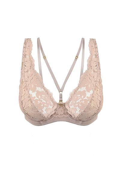 Biustonosz o kroju bralette, miękki z fiszbinami.
Miseczki wykonane zostały z siatki pokrytej bogatą koronką. W dekolcie znajduje się odpinany straps przechodzący na plecy.
Konstrukcja lekka, idelalna na lato, kształtuje biust w naturalny sposób.
Obwód z siatki, model nie posiada bocznej fiszbiny.
Skład surowcowy: 85% Poliamid, 10% Elastan, 5% Poliester.