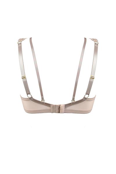 Biustonosz o kroju bralette, miękki z fiszbinami.
Miseczki wykonane zostały z siatki pokrytej bogatą koronką. W dekolcie znajduje się odpinany straps przechodzący na plecy.
Konstrukcja lekka, idelalna na lato, kształtuje biust w naturalny sposób.
Obwód z siatki, model nie posiada bocznej fiszbiny.
Skład surowcowy: 85% Poliamid, 10% Elastan, 5% Poliester.