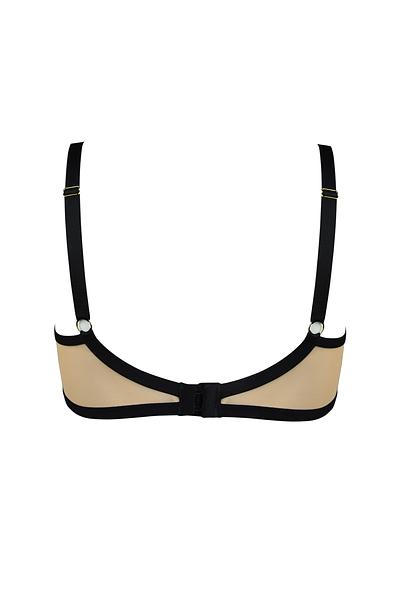 BIUSTONOSZ CABARETTE II 19221 to elegancki biustonosz miękki typu balkonetka, który zachwyca precyzyjnym wykonaniem i luksusowym wykończeniem. Miseczki z delikatnej siatki w odcieniu mokka zostały udekorowane bogatą koronką ze złotą nicią, dodającą całości subtelnego blasku. Czarne lamówki estetycznie podkreślają pionowe cięcia, modelując biust w wyjątkowy sposób. Obwód wykonano z transparentnej beżowej siatki, kontrastującej z czarnymi taśmami, co tworzy nowoczesny i zmysłowy design. Brak bocznych fiszbin zapewnia dodatkowy komfort noszenia. Idealny wybór dla kobiet poszukujących bielizny łączącej piękno z funkcjonalnością. Konstrukcja MS5 DELICE perfekcyjnie eksponuje biust, nadając mu naturalny i pełny kształt.
Skład surowcowy:85% Poliamid, 10% Elastan, 5% Poliester
 