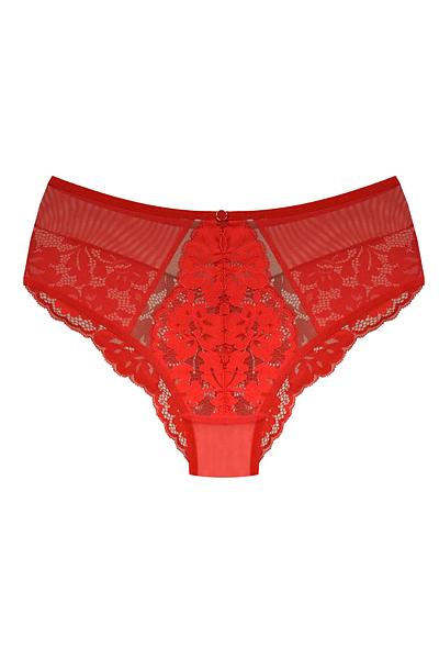 Figi Jasmin 19152 RED od Mediolano to połączenie klasycznej formy z nowoczesną, zmysłową estetyką,  bogato zdobione elegancką koronką w intensywnym odcieniu czerwieni. Boki z przodu wykonane z transparentnej siateczki dodają lekkości, a tylna część z koronki subtelnie podkreśla kobiecą sylwetkę. Model z pełnym fasonem gwarantuje komfort i wygodę przez cały dzień. Bawełniany klin zapewnia higienę i oddychalność. To idealna propozycja dla kobiet ceniących zmysłowość połączoną z komfortem noszenia. 
Skład surowcowy: 78% Poliamid, 12% Elastan, 5% Poliester, 5% Bawełna