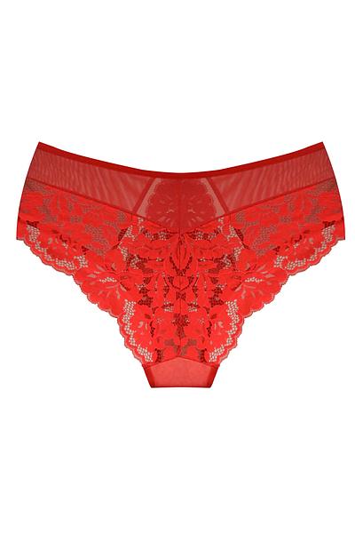 Figi Jasmin 19152 RED od Mediolano to połączenie klasycznej formy z nowoczesną, zmysłową estetyką,  bogato zdobione elegancką koronką w intensywnym odcieniu czerwieni. Boki z przodu wykonane z transparentnej siateczki dodają lekkości, a tylna część z koronki subtelnie podkreśla kobiecą sylwetkę. Model z pełnym fasonem gwarantuje komfort i wygodę przez cały dzień. Bawełniany klin zapewnia higienę i oddychalność. To idealna propozycja dla kobiet ceniących zmysłowość połączoną z komfortem noszenia. 
Skład surowcowy: 78% Poliamid, 12% Elastan, 5% Poliester, 5% Bawełna